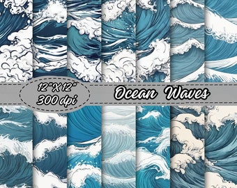Ocean Wave Digital Paper Pack, Sea Waves Pattern Backgrounds, Beach Scrapbooking Papers, Holiday Backgrounds,Summer Illustrations in JPG,PDF