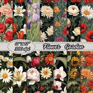 Papéis digitais com padrão floral, papel para scrapbooking com padrão de flor de primavera em aquarela, fundo de jardim de flores, ilustrações botânicas para impressão