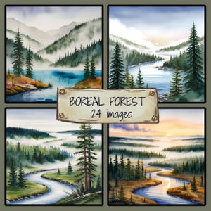Forêt boréale JPG | Impression numérique brumeux Woodland | Art mural nature brumeuse | Illustration de paysage de taïga |  Paysage boisé enchanteur