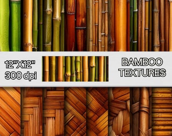 May include: A set of 12 digital paper textures featuring various bamboo patterns. The textures are 12 inches by 12 inches and 300 dpi. The patterns include close-up views of bamboo stalks, woven bamboo, and bamboo planks.