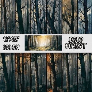 Paquete de papel digital de bosque profundo, papel de scrapbooking digital de bosque oscuro, fondos naturales, ilustraciones de bosques verdes, fondos de bosques