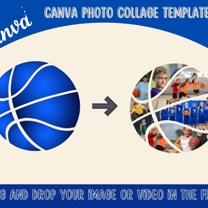 Editable Basketball Photo Collage Template , Digital Print , Ball Photo Collage, Canva, Basketball Fillable Photo Collage Template