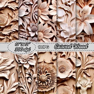 Paquete de papel digital de texturas de madera tallada, papel de álbum de recortes de madera adornada blanca, diseños florales imprimibles, fondos de tablones de madera, diario basura