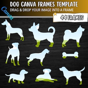 May include: A digital template featuring dog-shaped Canva frames. The image shows various dog silhouettes with a light blue fill and green accents, set against a dark wood-grain background. Text includes "DOG CANVA FRAMES TEMPLATE" and "44 FRAMES".