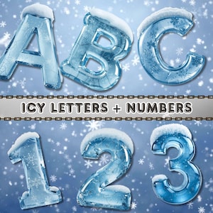 May include: A set of icy blue letters and numbers, including A, B, C, 1, 2, and 3, with a snowy texture on top. The text "ICY LETTERS + NUMBERS" is displayed on a banner below the letters and numbers. The background features a light blue colour with snowflakes.