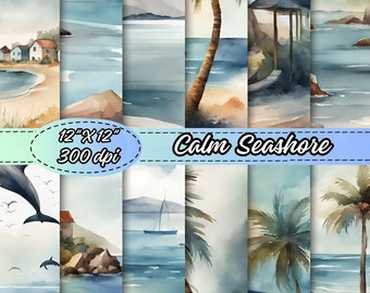 Watercolor Calm Seashore Digital Paper Pack, Summer Beach Digital Scrapbooking Paper, Tranquil Beach Background, Ocean Wave Illustrations