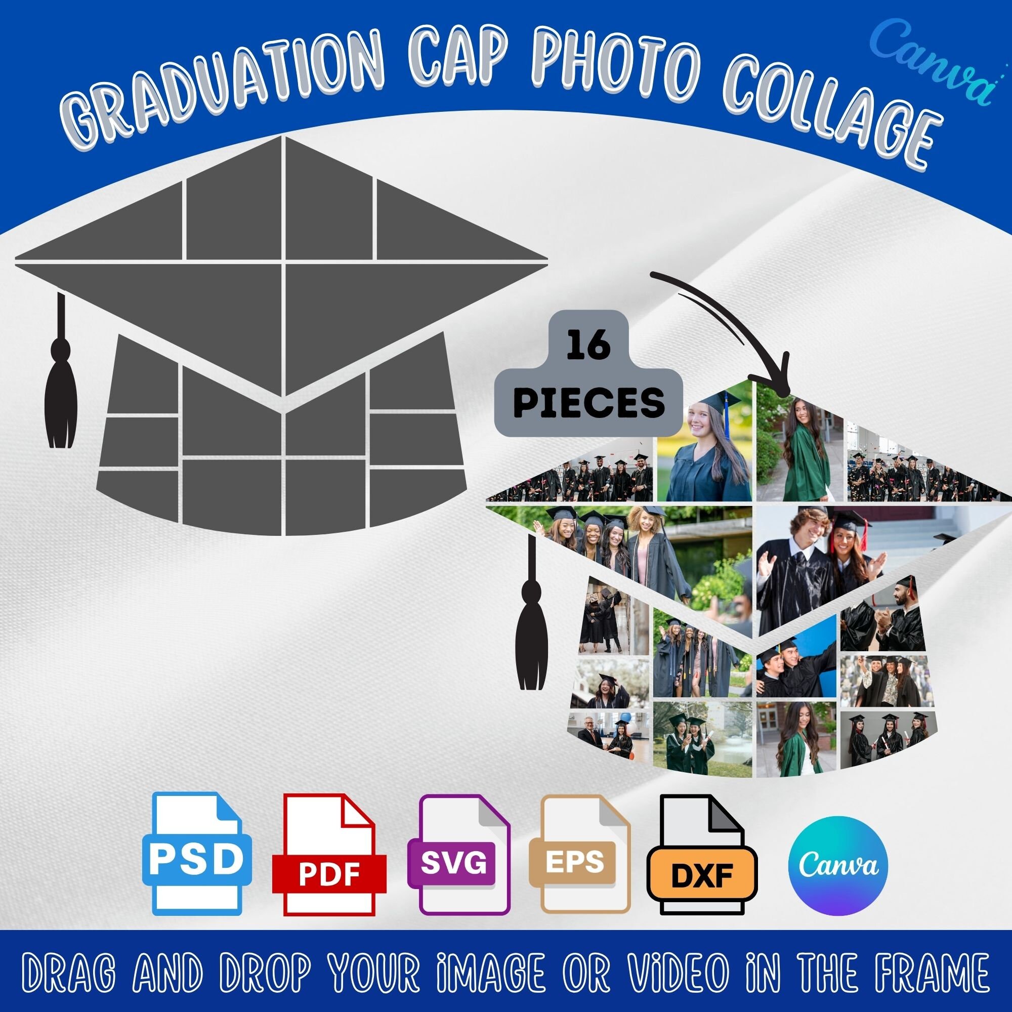 Graduation Cap Photo Collage 16 Pcs Graduation Cap Photo Collage Canva Frame, Editable Graduation Gift Template, DIY Personalized Gift