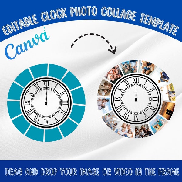 Editable Canva Clock Photo Collage #3,Create Your Own Clock Photo Collage,Drag&Drop Template,Customizable Clock Canva Photo Collage Template