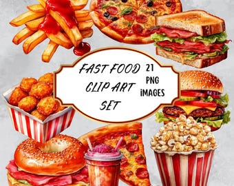 Watercolor Fast Food Clip Art Bundle, Junk Food Graphics, Digital Clipart Set, Foodie Clipart,Cute  Clip Art Set, Burger Fries Pizza Clipart