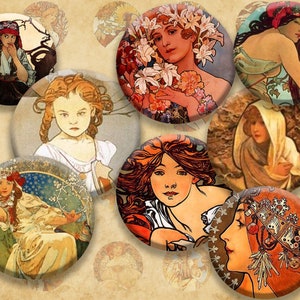 Alphonse Mucha Digital Collage Sheets Printable Downloads for Bottle Caps, Magnets, Pendants Paper Crafts, Printable Alfonse Mucha Art