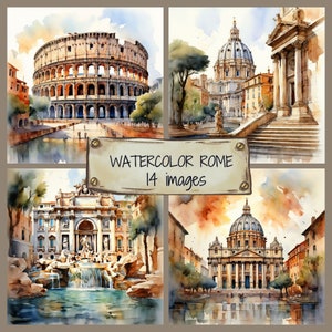 Pack de papier numérique Rome aquarelle, papier de scrapbooking numérique Rome antique, lot de cliparts Rome, illustrations pour le journal indésirable de Rome