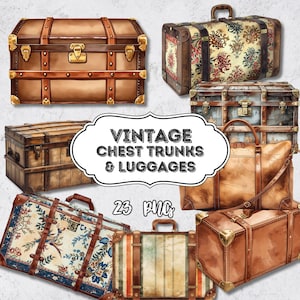 Op de afbeelding: Een assortiment vintage kisten, koffers en bagage in verschillende maten en ontwerpen. De collectie bevat bruin leer en hout met messing accenten, sommige met bloempatronen. De afbeelding bevat de tekst "VINTAGE CHEST TRUNKS & LUGGAGES" en "23 PNGs".