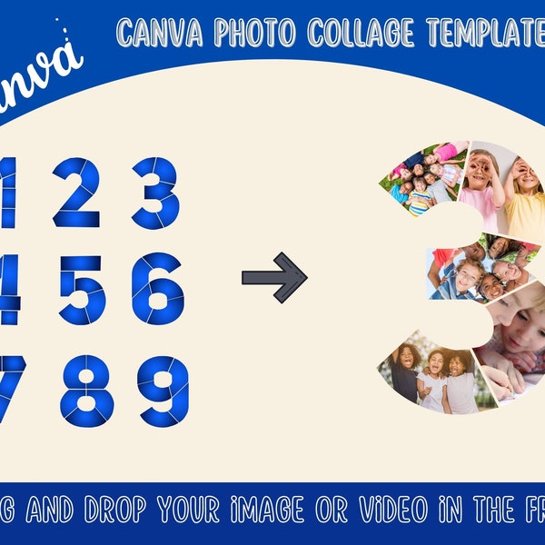 Editable Numbers Photo Collage Template , Digital Print , Digits Photo Collage, Canva, Numbersl Fillable Photo Collage Template