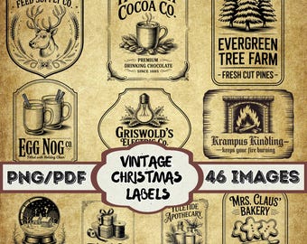 May include: A collection of vintage Christmas labels with various designs. The labels include text such as "Reindeer Feed Supply Co.", "Holiday Cocoa Co.", "Evergreen Tree Farm", and "Egg Nog Co.". The labels are in a sepia tone.