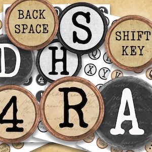 May include: A set of vintage typewriter keys with black and white letters and numbers on a variety of backgrounds. The keys include letters like D, H, R, A, S, and numbers like 4. The keys also include words like "BACK SPACE" and "SHIFT KEY".