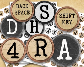 Typewriter Keys Printable Digital Collage Sheets - 1 Inch Circles - 4 Vintage styles, Ideal For Bottle Cap ,Jewelry, Scrapbooking; PNG, SVG