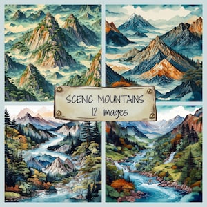 Aquarel schilderachtige bergen jpg-illustraties bundel, majestueus berglandschap naadloos patroon, natuur digitaal papierpakket, Grand Peaks-afbeeldingen