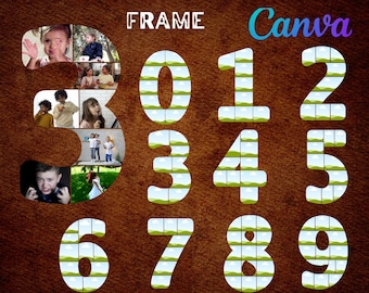 編集可能なCanvaフレームテンプレート、番号付き写真コラージュ用のCanvaテンプレート、0～9の数字を入力できるコラージュテンプレート、ドラッグアンドドロップ写真コラージュ