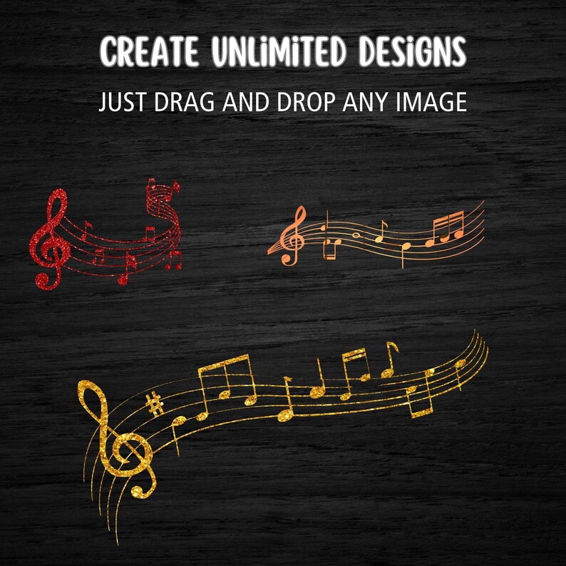 May include: Three sets of musical notes in a wavy line with a treble clef. The notes are in red, copper, and gold glitter.