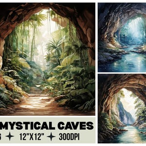Mystical Cave Digital Paper Pack, 12 Watercolor Cave Backgrounds, Fantasy Cave JPG, Printable Scrapbook Paper, Junk Journal Paper