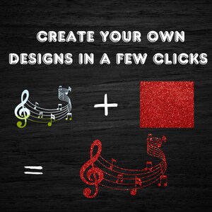 May include: Create your own designs in a few clicks. A graphic of a musical note design in green and white is shown next to a red glitter square. The result is a musical note design in red glitter.