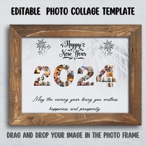 Modèle de collage photo du Nouvel An modifiable CANVA 2024 pour impression du Nouvel An, art mural, idée cadeau pour famille, bricolage, cartes à cadre photo glisser-déposer