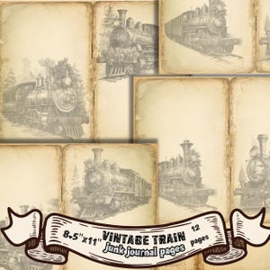 Kit de páginas de diario de trenes antiguos: diario de locomotoras para scrapbooking, tarjetas imprimibles, ilustración de trenes imprimible