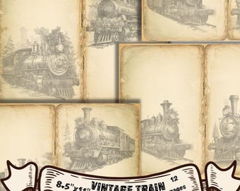 May include: Twelve vintage-style pages featuring black and white illustrations of steam trains on a beige background. The pages are 8.5 inches by 11 inches and are labeled "Vintage Train Junk Journal Pages".