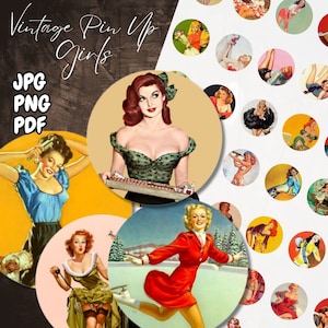 Pin Up Girls Digital Collage Sheet-Instant Download Printable 1&quot;, 1.25&quot; And 1.50&quot; Circle Vintage Pin Up Girls Illustrations for Bottlecap