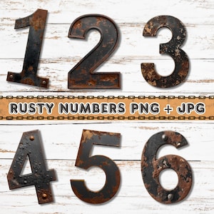May include: Set of six rusty metal numbers, 1 through 6, with a distressed finish. Each number is a different size and shape, with visible rust and dark metal. The numbers are set against a white wood background.