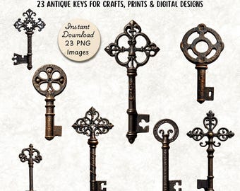 Zestaw klipartów Vintage Keys – 23 antyczne klucze w formacie PNG, ilustracje gotyckie i staroświeckie do scrapbookingu, naklejek i sublimacji