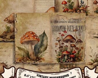 Vintage Mushroom Junk Journal Kit | Botanical Fungi Printable Papers | Rustic Mushroom Ephemera | Nature-Themed Scrapbook Kit |Junk Journal