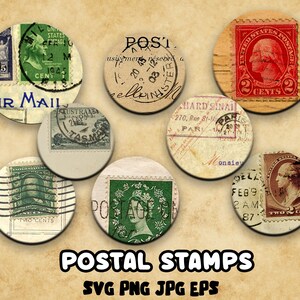 Vintage Postal Stamps,Postcards,Letters,Carte Postale and Handwriting 1 Inch Circles Digital Collage Sheet in SVG, PNG, EPS and jpg