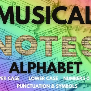 Muzikaal alfabet Letters lettertype, muziekbladen alfabet, muzieknoot hoofdletters, kleine letters, cijfers, interpunctie en symbolen PNG