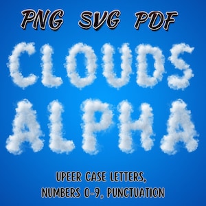 Conjunto de clipart de letras do alfabeto de nuvens, SVG, PNG, pacote de clipart em PDF, fonte com tema de natureza, letras e números de nuvens, letras do alfabeto 3D do céu