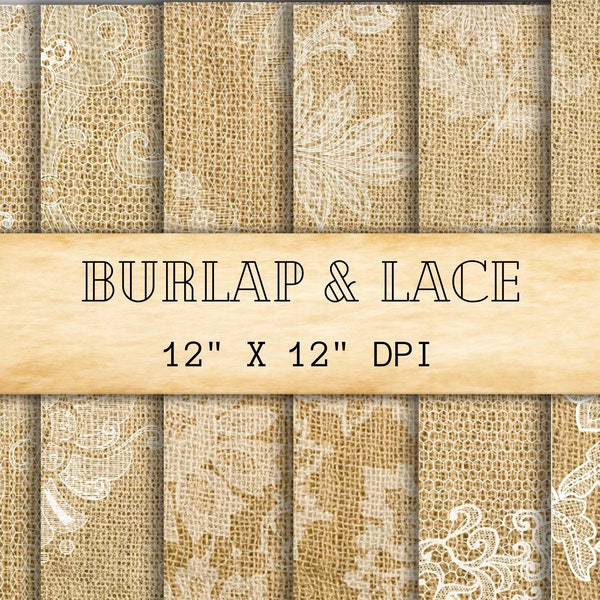 Burlap and Lace Digital Paper - burlap digital paper - white lace digital paper, scrapbook paper - wedding backgrounds textures