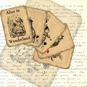 Alice in Wonderland-speelkaarten volledig afdrukbaar collageblad, direct downloaden