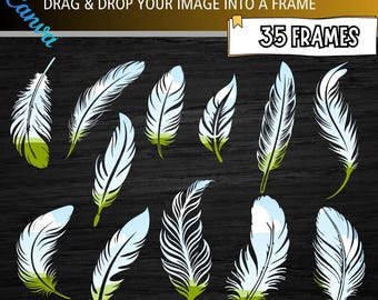 May include: A digital template featuring 11 stylized feather designs in white, light blue, and green, arranged on a dark wood-grain background. The text reads "FEATHER CANVA FRAMES TEMPLATE" and "DRAG & DROP YOUR IMAGE INTO A FRAME". The image also includes the Canva logo and the text "35 FRAMES".