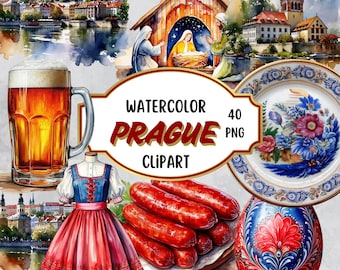 Watercolor Prague Clip Art Bundle | Vintage Cityscape Illustrations | Iconic Czech Landmarks Graphics | Shabby Chic Art | European Travel