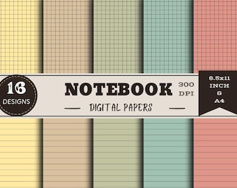 Notebook Digital Paper Pack | 16 Designs | Grid , Lined Paper | 8.5x11 , A4 |  Pastel Colors  | Scrapbooking Journal | School Paper