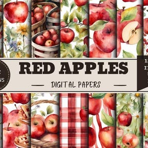 May include: A collection of 14 digital paper designs featuring watercolor red apples, woven baskets, and floral accents. The text reads 14 DESIGNS RED APPLES 12x12 INCH 300 DPI. The patterns include apples on branches, plaid backgrounds, and apple slices.