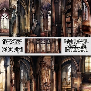 Puede incluir: Pintura a la acuarela de un interior de castillo medieval. La imagen presenta altas ventanas arqueadas, columnas de piedra y candelabros ornamentados. El texto "12"X12" 300 dpi" es visible. También se muestran las palabras "MEDIEVAL CASTLE INTERIOR".