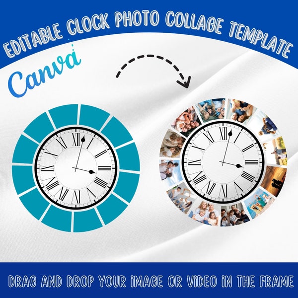 Editable Canva Clock Photo Collage #2,Create Your Own Clock Photo Collage,Drag&Drop Template,Customizable Clock Canva Photo Collage Template
