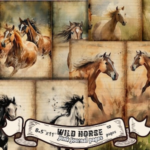 Kit de pages vintage Horse Junk Journal #04 - Journal des chevaux indésirables pour scrapbooking, cartes de journalisation imprimables, illustration imprimable cheval