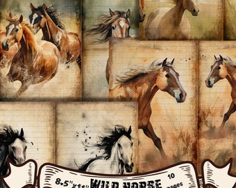Vintage Watercolor Horse Junk Journal Pages: Printable Scrapbook Kit (PDF)