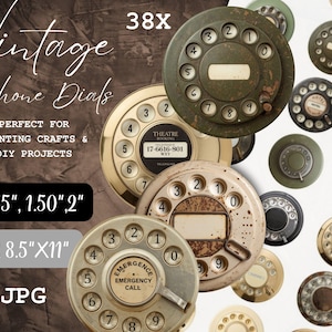 May include: A collection of vintage phone dials in various colors, including green, gold, and black. The dials are in different sizes, ranging from 1 to 2 inches. The image includes text that says "Vintage Phone Dials" and "Perfect for Printing Crafts & DIY Projects."