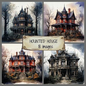 Watercolor Haunted House JPG Clip Art Pack, Halloween Clipart Set, Ghost Clipart Bundle,  Halloween Digital Art, Creepy Haunted House JPG