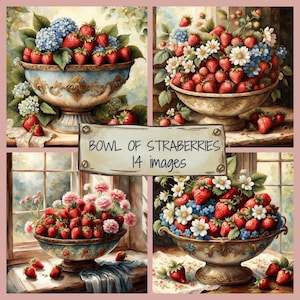 Vintage Schüssel Erdbeeren Clip Art Bundle, hochwertige Aquarell Erdbeeren JPG Illustrationen, Straberris In Schüssel Grafiken, Journaling