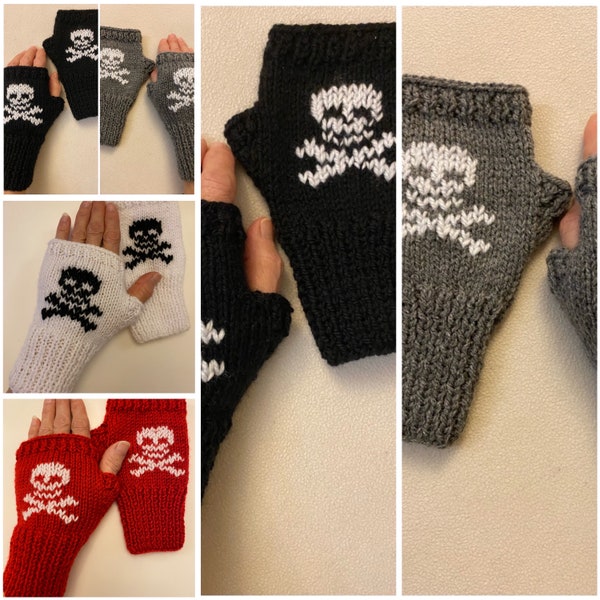 Knit Skull Fingerless Gloves mittens, Men / Women Arm Warmers, Black, White, Red, Gray Skull gloves, Valentine’s Day Gift, Winter Accessorie