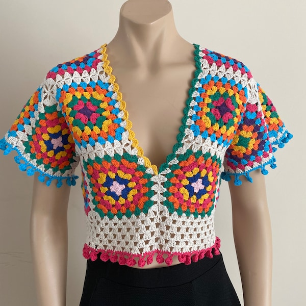 Granny Square Top, Crochet 70s Style, Afghan Blouse, Colorful Patchwork Women Top, Hippie Festival Clothing, Handknit Crop Top, Mother’s Day